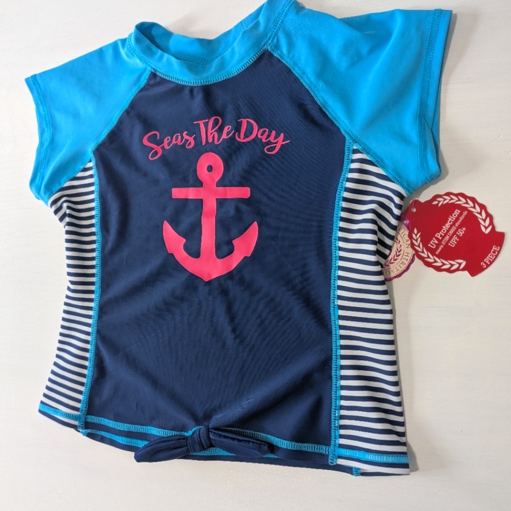 Kids Swim Shirt 'Seas The Day' - Blue, Pink, & Black and White Stripes